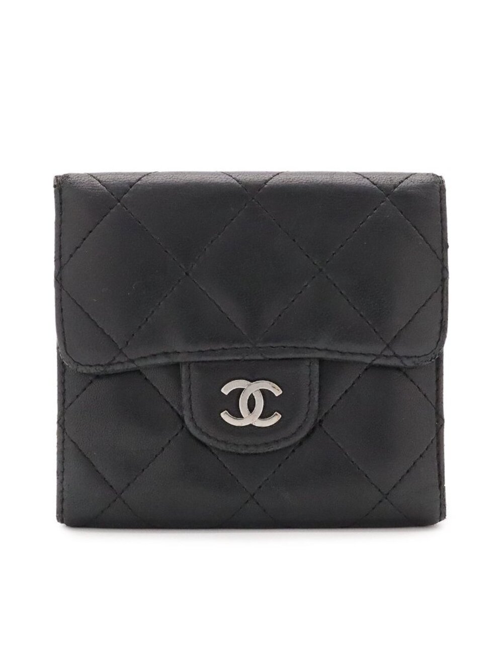 Chanel Quilted CC Logo Wallet Bifold Snap Double Lambskin Leather Black Silver
